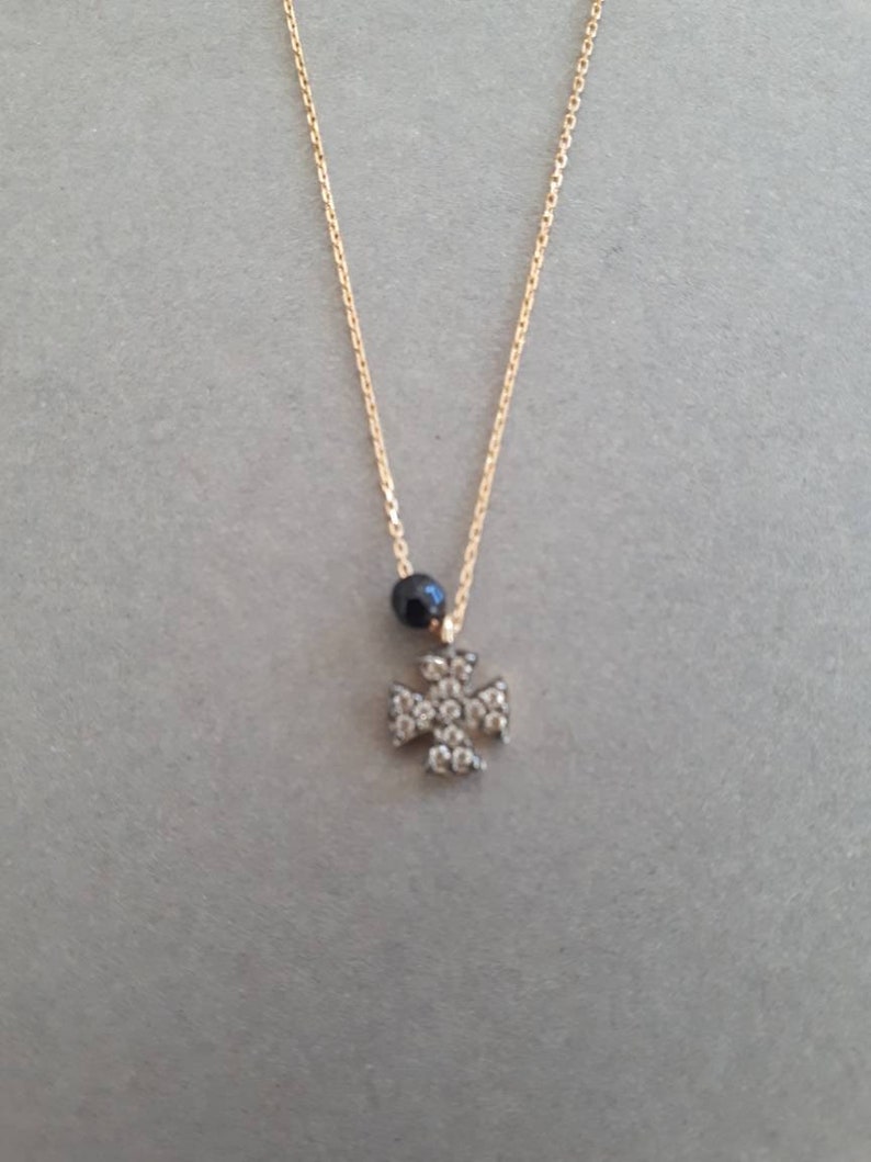 solid 14K gold cross necklace black spinel stone and white zircons