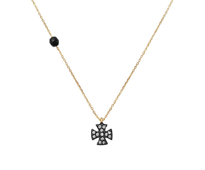 solid 14K gold cross necklace black spinel stone and white zircons