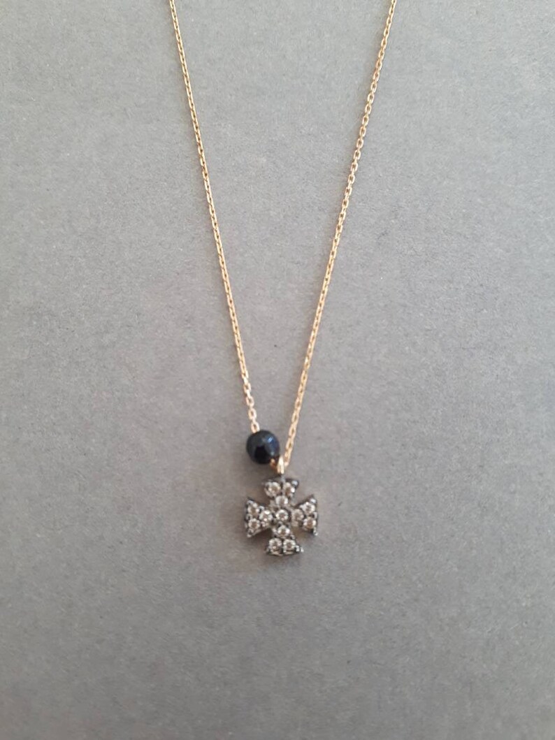 solid 14K gold cross necklace black spinel stone and white zircons