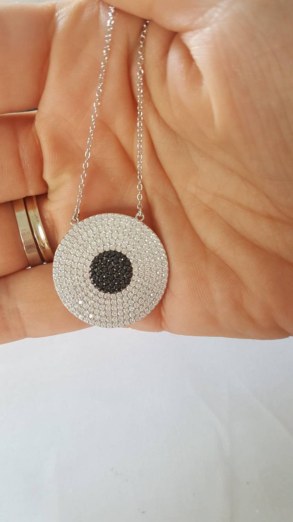 Round target charm necklace white and silver zircons 100 Etsy