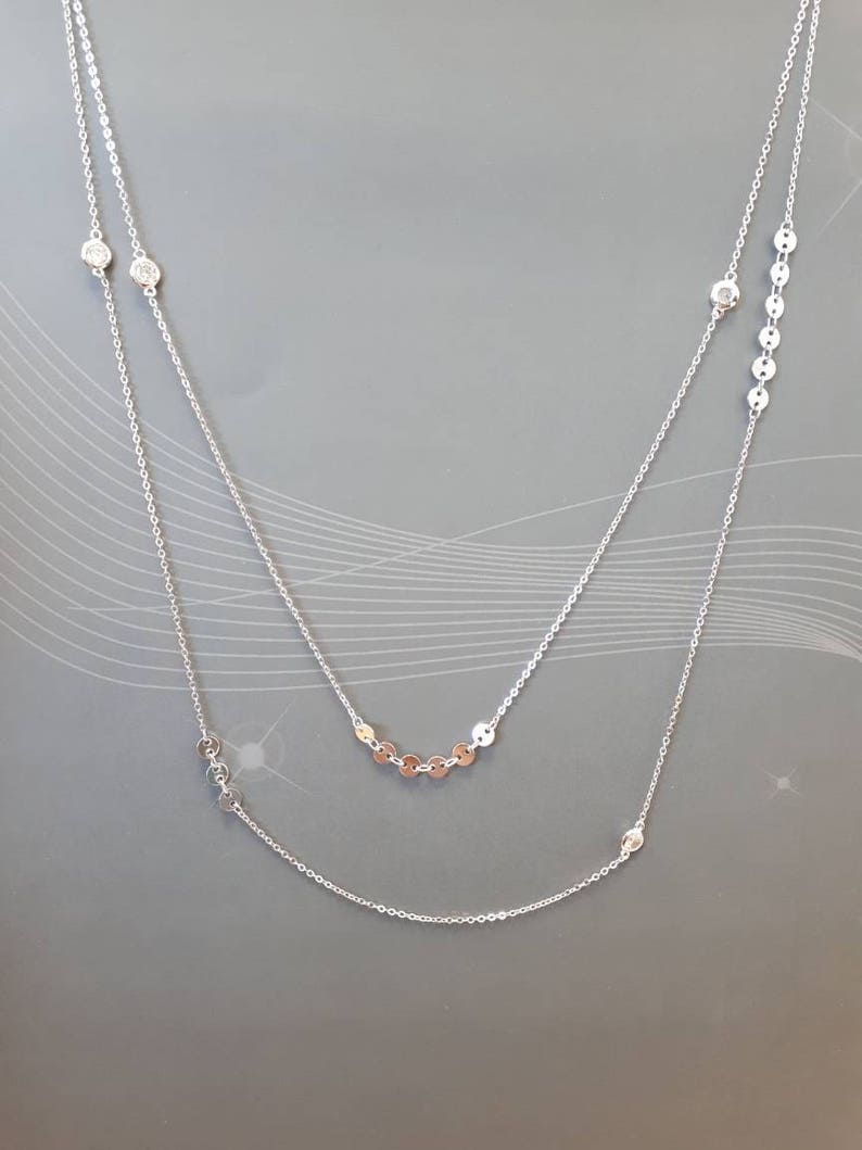 long silver chain 90cm with white bezel zircons and discs 925 sterling silver