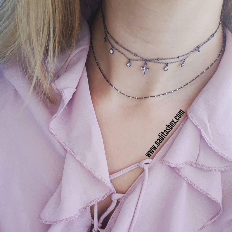 925 sterling silver with round bezel dangling zircons four finishes cross choker necklace