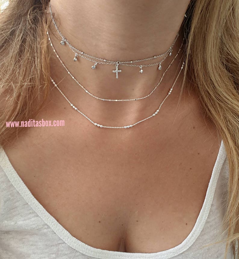 925 sterling silver with round bezel dangling zircons four finishes cross choker necklace