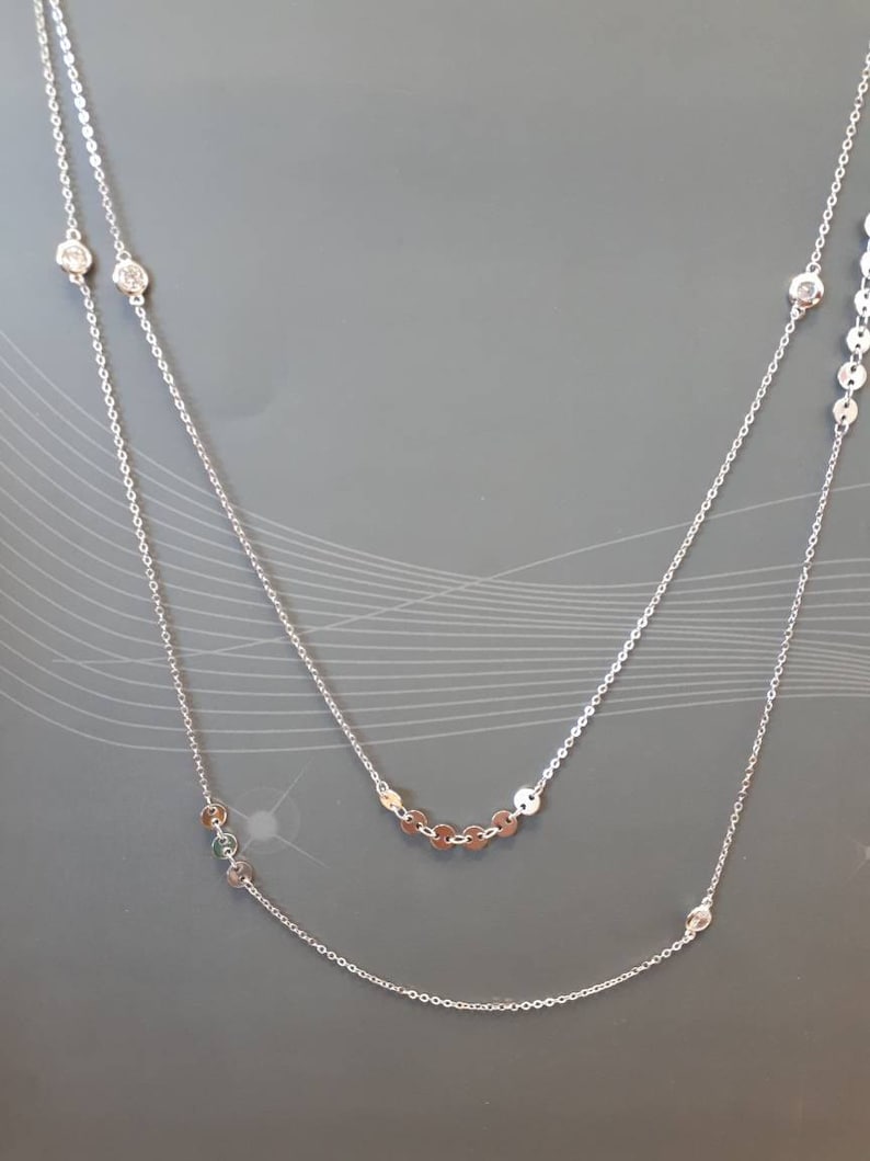 long silver chain 90cm with white bezel zircons and discs 925 sterling silver