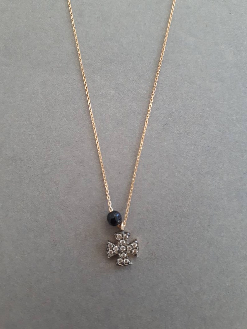 solid 14K gold cross necklace black spinel stone and white zircons