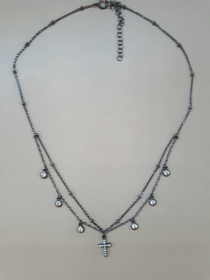 925 sterling silver with round bezel dangling zircons four finishes cross choker necklace