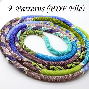 May include: Nine beaded necklace patterns in a PDF file. The necklaces are made with various colours of beads, including purple, blue, green, and silver. The necklaces are arranged in a circle, with the ends of the necklaces overlapping.
