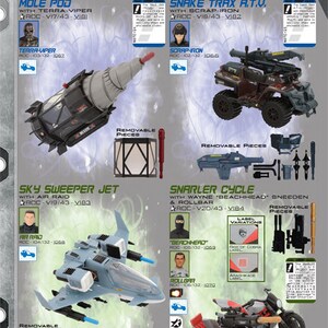 May include: Four toy vehicles from the 'TROC' line. The vehicles are a grey and blue jet, a grey and black motorcycle, a brown and black ATV, and a grey and black missile pod. Each vehicle has a removable piece and a corresponding character from the 'TROC' line.