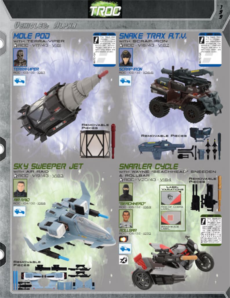 May include: Four toy vehicles from the 'TROC' line. The vehicles are a grey and blue jet, a grey and black motorcycle, a brown and black ATV, and a grey and black missile pod. Each vehicle has a removable piece and a corresponding character from the 'TROC' line.