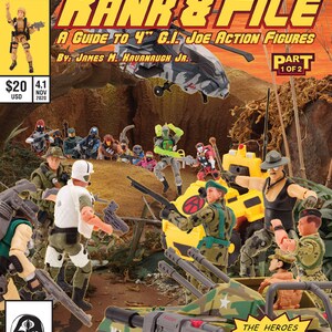 May include: A comic book cover featuring a group of action figures in a military setting. The cover is titled "Rank & File: A Guide to 4" G.I. Joe Action Figures" and features the text "Part 1 of 2".