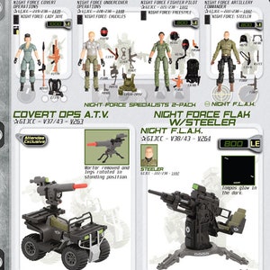 May include: A green and black toy military vehicle with a removable mortar and a rotating turret. The vehicle has a removable seat and a removable gun. The vehicle is labeled "Covert Ops A.T.V." and "Night Force Specialists 2-Pack".