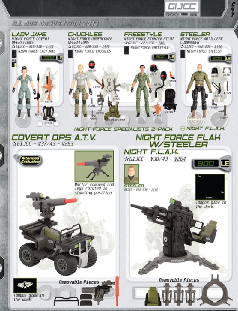 May include: A green and black toy military vehicle with a removable mortar and a rotating turret. The vehicle has a removable seat and a removable gun. The vehicle is labeled "Covert Ops A.T.V." and "Night Force Specialists 2-Pack".