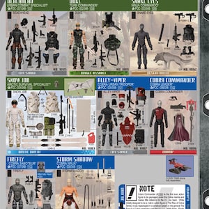 May include: A collection of action figures from the G.I. Joe: The Rise of Cobra toy line. The figures are displayed on a white background with their names and descriptions. The figures include Beachhead, Duke, Snake Eyes, Snow Job, Alley Viper, Cobra Commander, Firefly, and Storm Shadow.