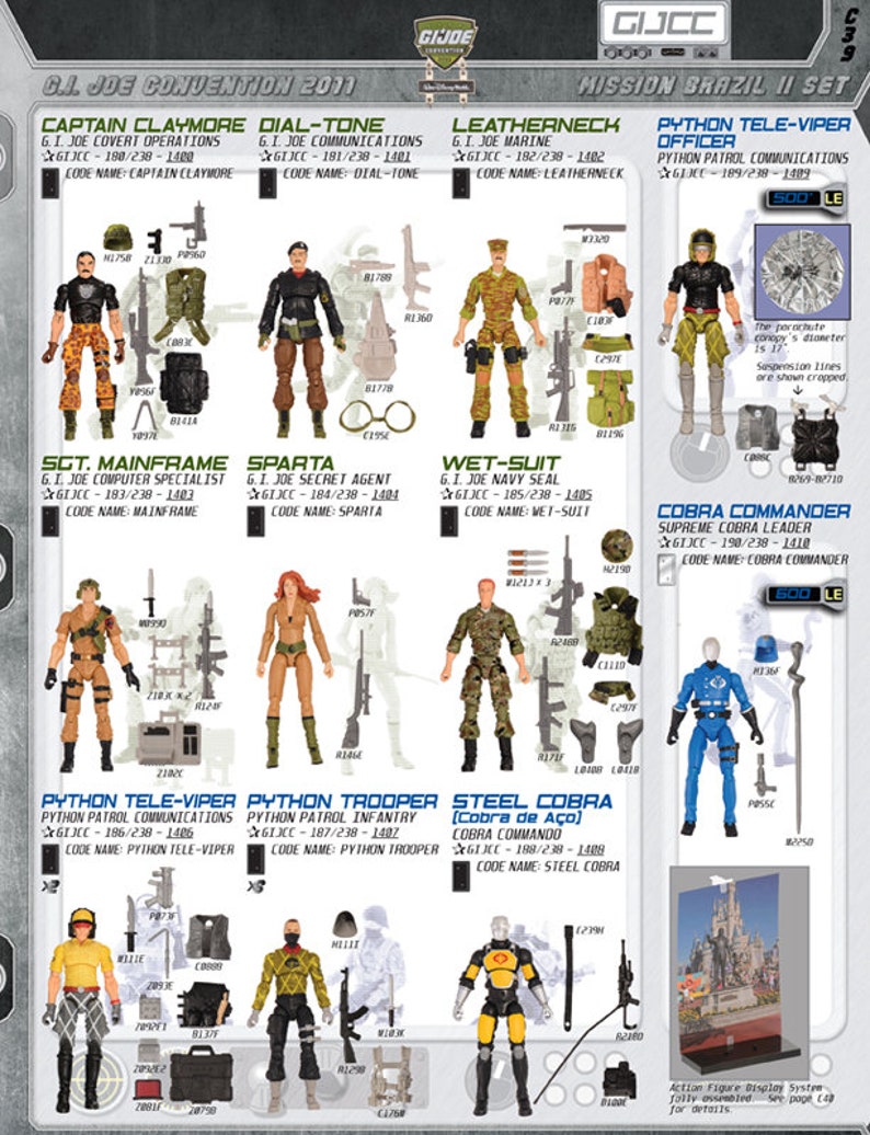 May include: A collection of G.I. Joe and Cobra action figures from the Mission Brazil II set. The figures are posed in various action poses and include characters like Captain Claymore, Dial-Tone, Leatherneck, Python Tele-Viper, SGT. Mainframe, Sparta, Wet-Suit, Cobra Commander, Python Tele-Viper, Python Trooper, Steel Cobra, and Cobra Commander. The figures are all in their original packaging and are ready to be displayed.