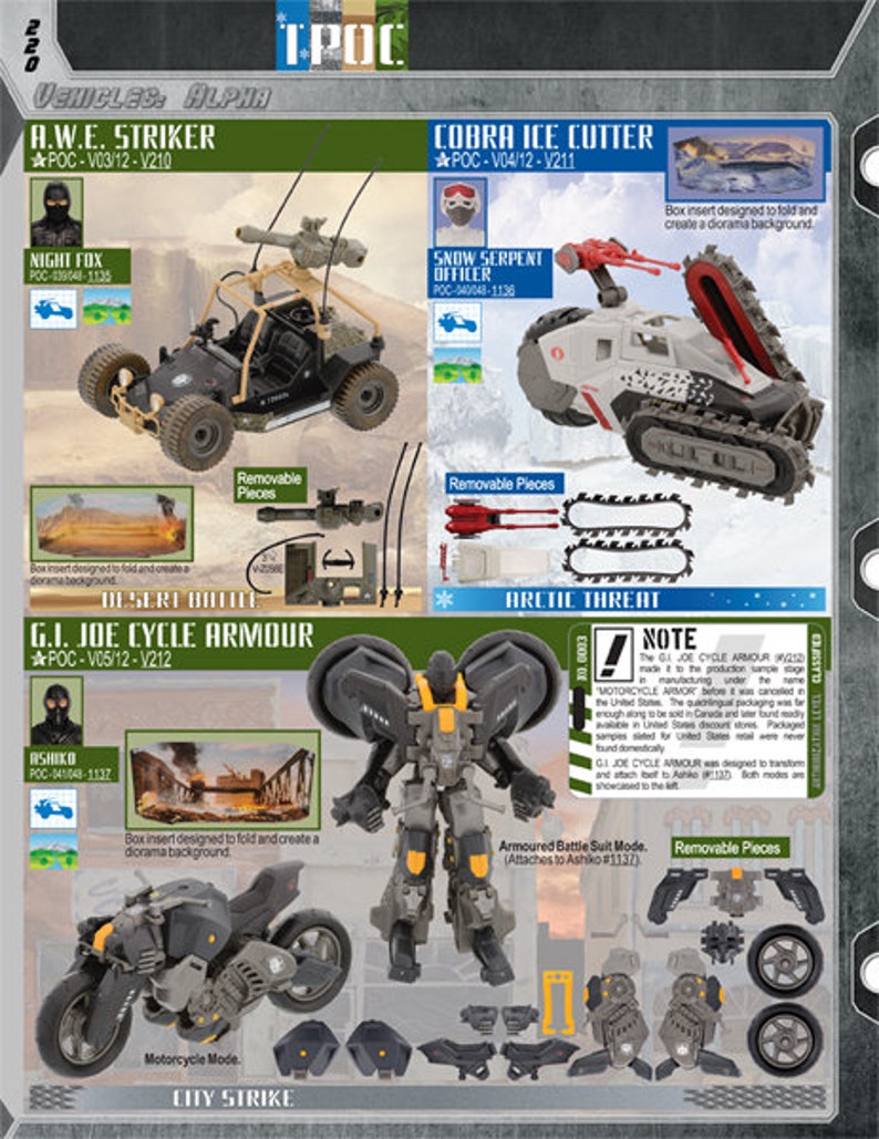 May include: A close-up of a G.I. Joe Cycle Armour toy in motorcycle mode. The toy is black and gray with yellow accents. The toy is in a battle suit mode and has removable pieces. The toy is part of the G.I. Joe line of toys. The text on the image reads "G.I. Joe Cycle Armour POC-V05/12-V212".