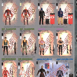 May include: A collection of action figures from the G.I. Joe:  A Real American Hero toy line. The figures are displayed on a white background with the text "Single-Packs: 2007-2012" and "Two-Pack: 2009" at the top. The figures include Destro, Cobra Commander, Sgt. Slaughter, Zarana, Kim Arashikage, and James McCullen.