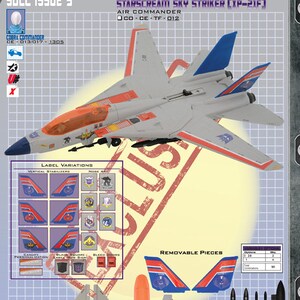 May include: A gray, blue, and orange toy jet fighter plane with the text "Starscream Sky Striker (XP-21F)" and "Air Commander CO-CE-TF-012". The plane has removable pieces, including wings, missiles, and a cockpit.