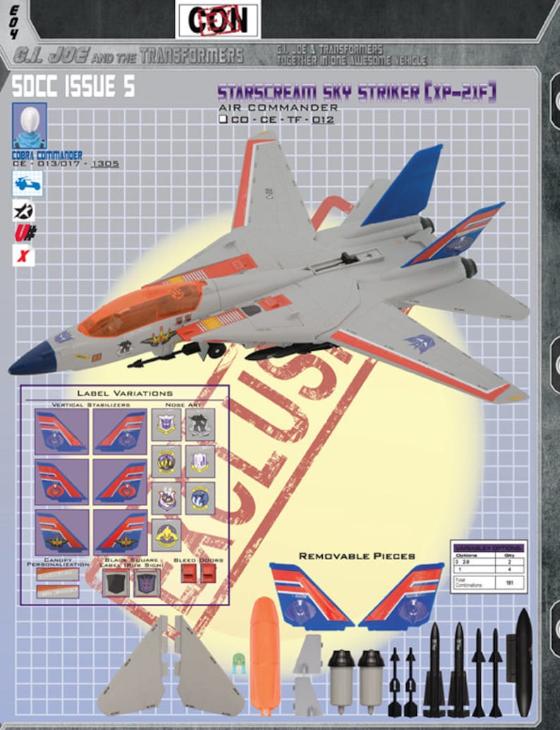 May include: A gray, blue, and orange toy jet fighter plane with the text "Starscream Sky Striker (XP-21F)" and "Air Commander CO-CE-TF-012". The plane has removable pieces, including wings, missiles, and a cockpit.