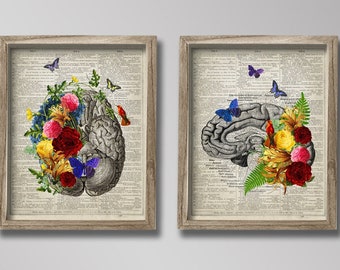 Brain Floral Anatomy Artwork set of 2 Unframed Art Prints Meditation Mindfulness Wellness Wall Decor