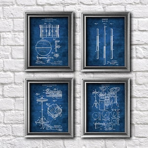 Drum Wall Art Set of 4 Unframed drum patent with blue background drummer gifts