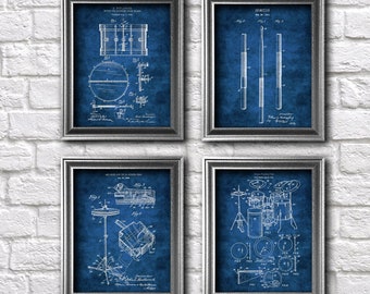 Drum Wall Art Set of 4 Unframed drum patent with blue background drummer gifts