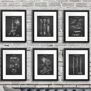 Skiing home decor set of 6 art prints ski patent with chalkboard background image. Unique Decor for Winter Ski lodge, great as skiing gifts.
