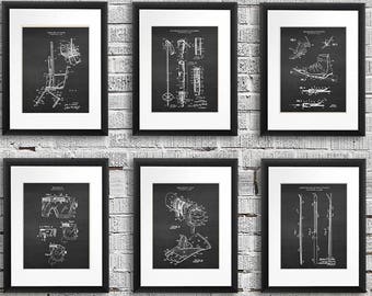 Skiing home decor set of 6 art prints ski patent with chalkboard background image. Unique Decor for Winter Ski lodge, great as skiing gifts.