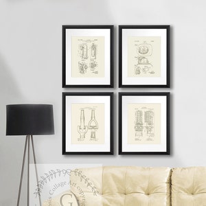 Firefighter decor set of 4 unframed Cream wall Art. Fire Department Decor Fireman gift. Helmet Truck Hose Extinguisher. firefighter gifts