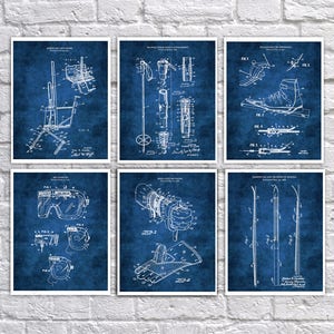 Skiing decorations for home a set of 6 ski patent art prints with blue background. Unique Decor for Winter Ski lodge, great as skiing gifts.