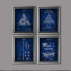 Billar decoración conjunto de 4 impresiones de arte Piscina Decoración Bolas de billar Mesa mesa de billar, Billar Cue Blueprint Billar regalos para él