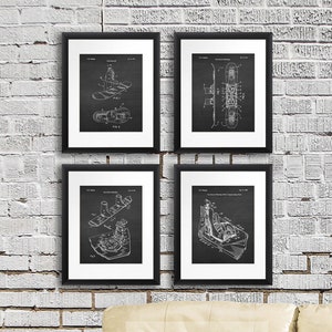 Snowboarding decor set of 4 art prints snowboard patent with chalkboard background image Winter Sports Wall art great as snowboarding gifts.