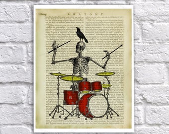 Drummer Halloween Decor Human Skeleton playing drums with Raven on his head Vintage Anatomy Textbook Page - Novelty Gift for drummer