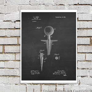 Golf Tee Poster su sfondo nero lavagna Golf print #1, parete arte del Golf, Golf Tee invenzione brevetto illustrazione