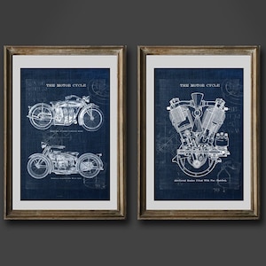 Vintage Motorcycle Blueprint Navy Blue Wall Decor Set of 2 Unframed Art Prints