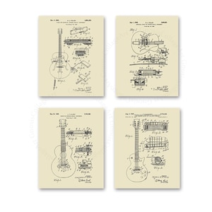 Vintage Gibson Patent Art Prints set of 4 art prints in cream color Gift for Dad, gift for guitarist, Musician wall decor, Guitar wall art