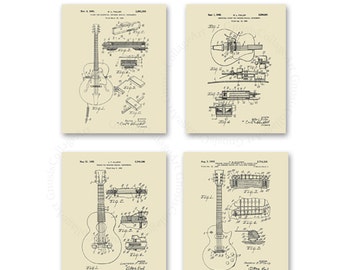 Vintage Gibson Guitar Patent Art Prints, Set of 4