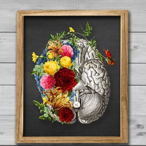 Anatomy Brain Art with Flowers Wall Decor Print Gift for Women MD Neurosurgeon