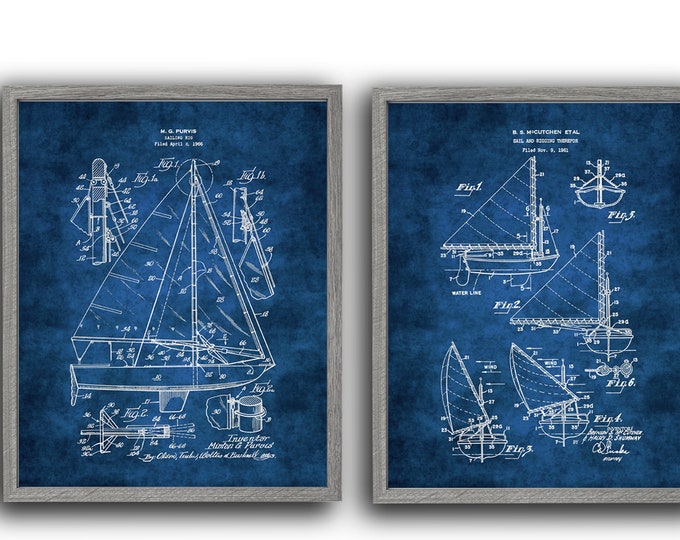 Sailing Gift Wall Decor Set of 2 Unframed Sailboat Decor Blueprint Patent Art