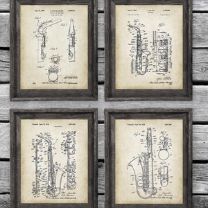 Saxophone gifts set of 4 unframed Vintage Saxophone Design Drawings gift for saxophonist, Musician decor, Saxophone poster, Jazz decor