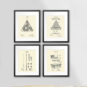 Billiards Decor set of 4 prints, Cream colored Patent Art prints Billiards balls, Billiards Cue, Billiard table, Billiard room wall art