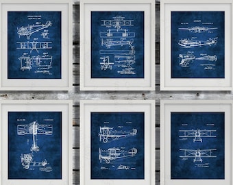 Vintage Airplane Biplane Invention Blueprints Aviation Wall Decor Set of 6 Unframed Art Prints Pilot Gift Ideas