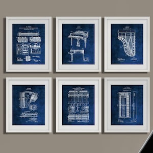 Klavier Blueprint Patente Set mit 6 Klavier Kunstdrucken - Tolles Klavierlehrer Geschenk Pianist Musiker Dekor
