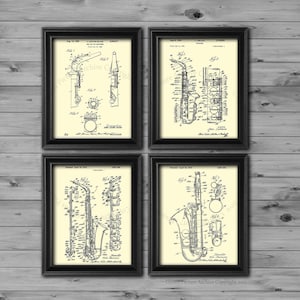 Saxophone gifts set of 4 art prints in cream color Gift for Dad, gift for saxophonist, Musician decor, Saxophone poster, Jazz decor