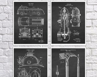Fireman Party decor set of 4 Unframed firefighting patent art prints great as fireman birthday party wall decor gift