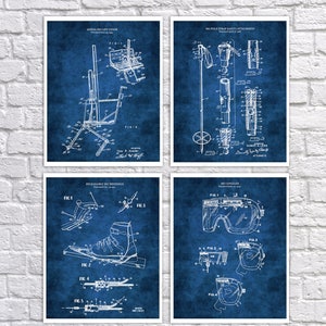 Snow Skiing home decor set of 4 art prints ski patent with blue background image. Unique Decor for Winter Ski lodge, great as skiing gifts.