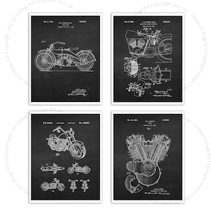 Prezent dla motocyklisty. Plakaty do wystroju domu w stylu vintage Harley. Zestaw 4. Zestaw 4 plakatów z grafiką tablicową, dekoracje motocyklowe. Dekoracja męskiej jaskini.