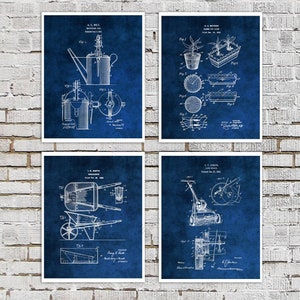 Gardening Tools Blueprint set of 4 Unframed Garden Tools inventions Watering Can Flower Pot Trowel Wheel Barrow Lawn Mower