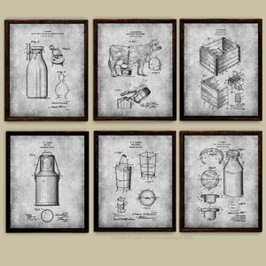 Modern Farmhouse Decor set of 6 Art Prints Dairy Cow Milk Bottle Milk Can Milk Bucket Milk Crate Patents - Dairy Farmer Gift