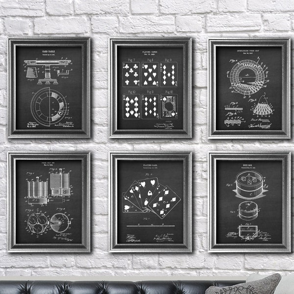 Poker decor set of 6 unframed art patent blueprints poker table playing card poker chip