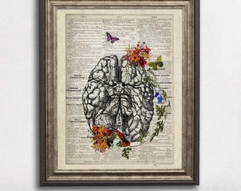 Flower Brain Anatomy Dictionary Art Print, Mindfulness-decor